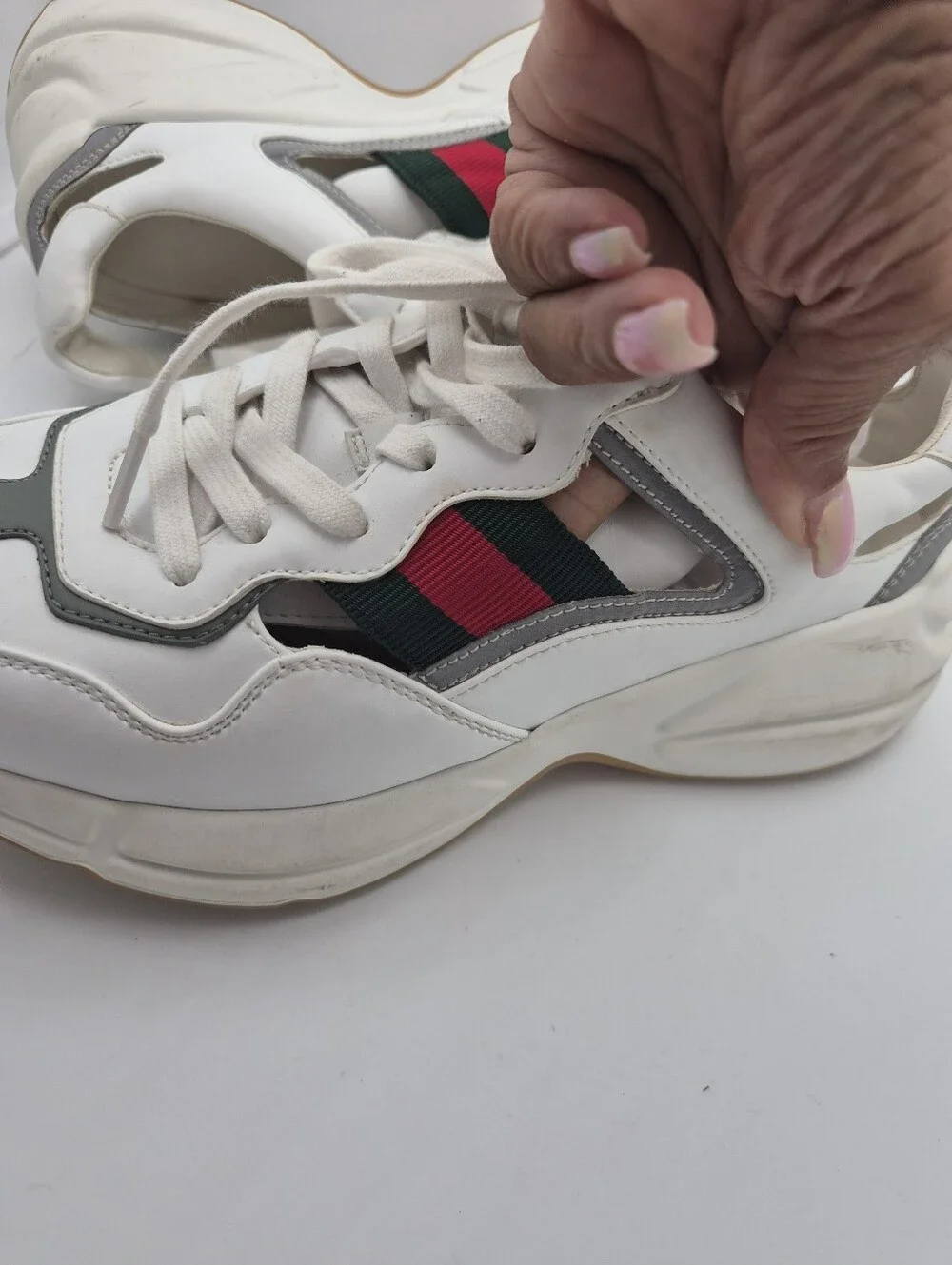 White Men’s Leather Sneakers with Green and Red Stripe